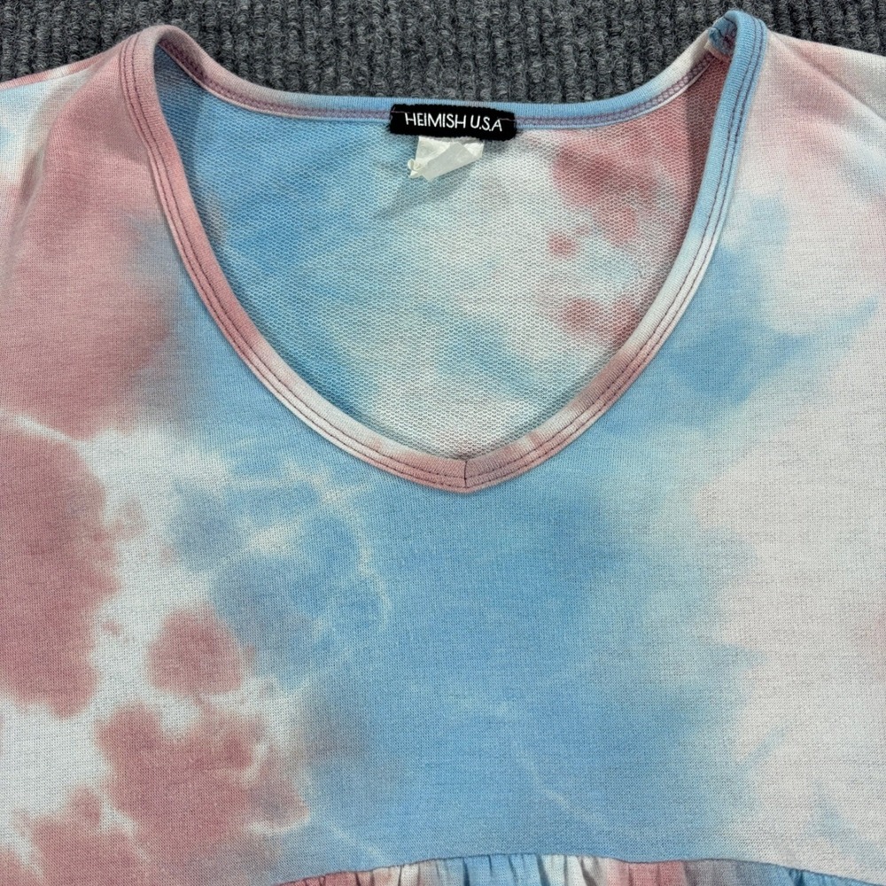 Heimish USA Babydoll Top Women XL Blue Pink Tie Dye V-Neck 3/4 Sleeve Tunic